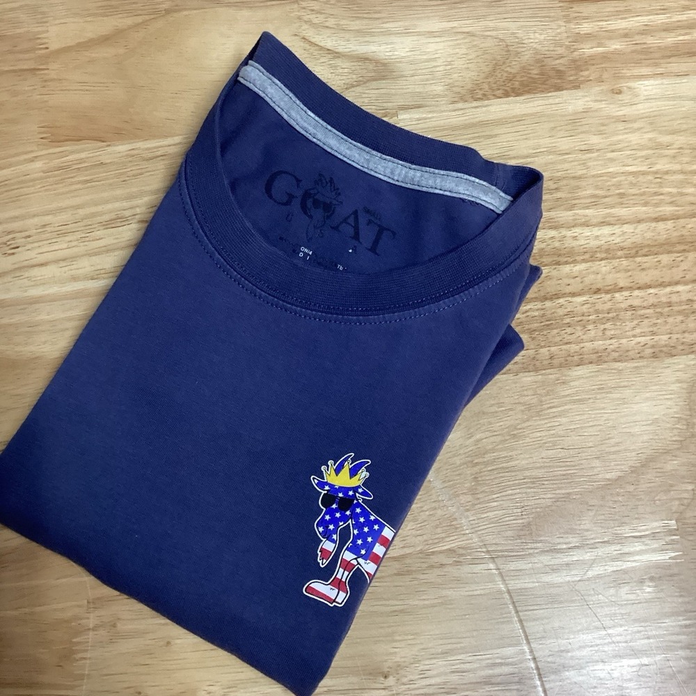 Mens GOAT USA Freedom T-Shirt in navy blue with a patriotic "Freedom GOAT" - SM